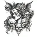 A girl with two heads, one the head of a demon, the other an angel, who holds a bunch of skulls in her hand tattoo design idea