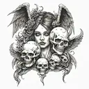 A girl with two heads, one the head of a demon, the other an angel, who holds a bunch of skulls in her hand tattoo design idea