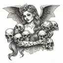 A girl with two heads, one the head of a demon, the other an angel, who holds a bunch of skulls in her hand tattoo design idea