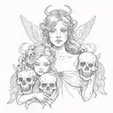 A girl with two heads, one the head of a demon, the other an angel, who holds a bunch of skulls in her hand tattoo design idea