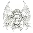 A girl with two heads, one the head of a demon, the other an angel, who holds a bunch of skulls in her hand tattoo design idea