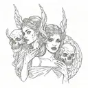 A girl with two heads, one the head of a demon, the other an angel, who holds a bunch of skulls in her hand tattoo design idea