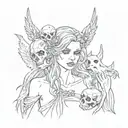 A girl with two heads, one the head of a demon, the other an angel, who holds a bunch of skulls in her hand tattoo design idea