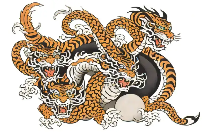 A dragon and tiger locked in battle on top of a mountain tattoo design idea