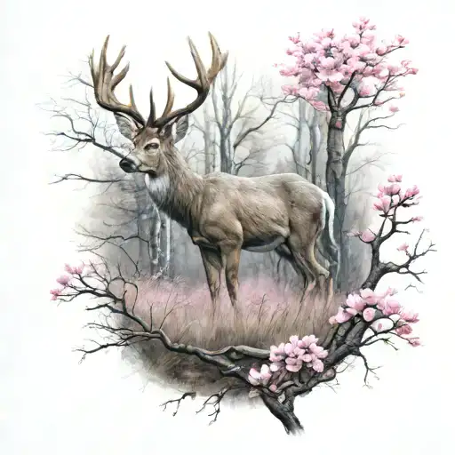 small Realistic deer looking around and it's in a forest with small thin dead trees and one pink blossom tree tattoo design idea