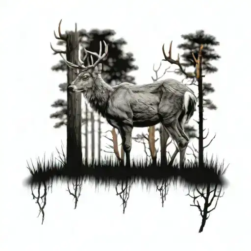 small Realistic deer standing looking around and it's in a forest with small thin dead trees  tattoo design idea