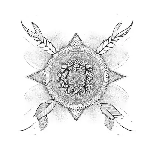 half mandala with feather, arrow, mountain, lotus tattoo design idea