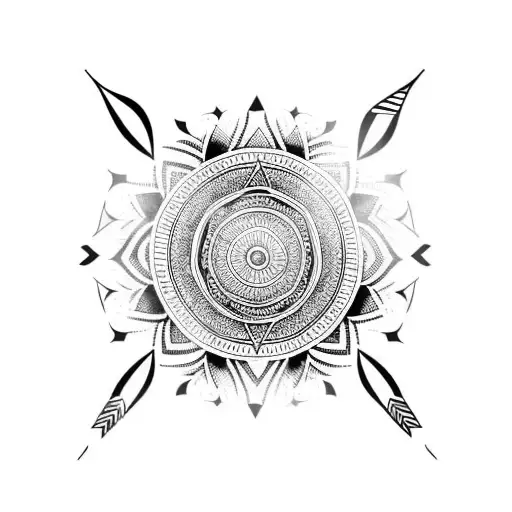 half mandala with feather, arrow, mountain, lotus tattoo design idea