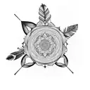 half mandala with feather, arrow, mountain, lotus tattoo design idea
