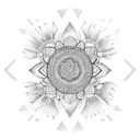 half mandala with feather, arrow, mountain, lotus tattoo design idea