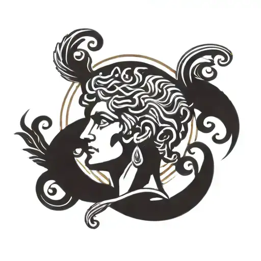 midas touch as a versace logo with midas head instead with a greek ornament sun behing. no colour tattoo design idea