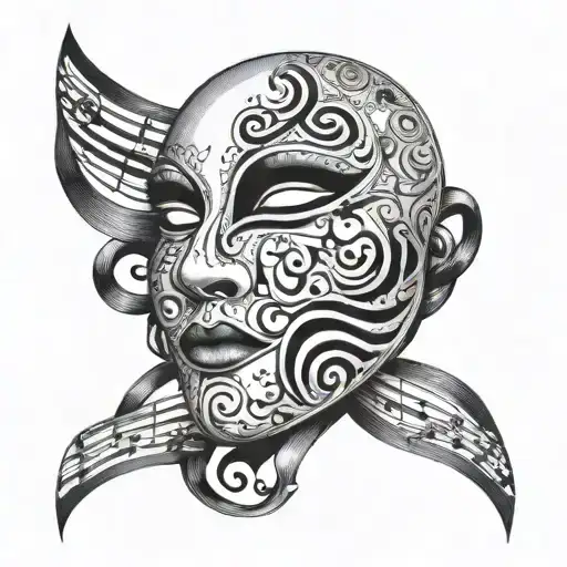cracked patternless theatre mask with a zipper mouth closed surrounded by a musical score with notes on it tattoo design idea