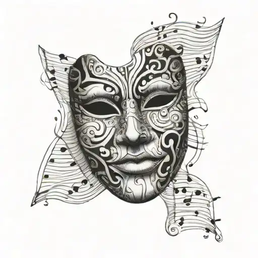 cracked patternless theatre mask with zipped mouth closed surrounded by a musical score with notes on it tattoo design idea