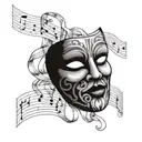cracked patternless theater mask with an open zippered mouth and a tear under the eye, surrounded by a sheet of music.  tattoo design idea