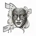 cracked patternless theater mask with an open zippered mouth and a tear under the eye, surrounded by a sheet of music.  tattoo design idea