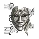 cracked patternless theater mask with an open zippered mouth and a tear under the eye, surrounded by a sheet of music.  tattoo design idea