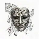 cracked patternless theater mask with an open zippered mouth and a tear under the eye, surrounded by a sheet of music.  tattoo design idea