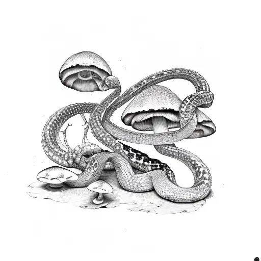 A skeletal snake wrapped around a mushroom, with a math equation hidden within the scales tattoo design idea