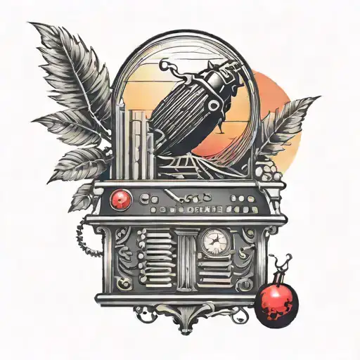 an organ and black grenade with a red x with a sunset background  tattoo design idea