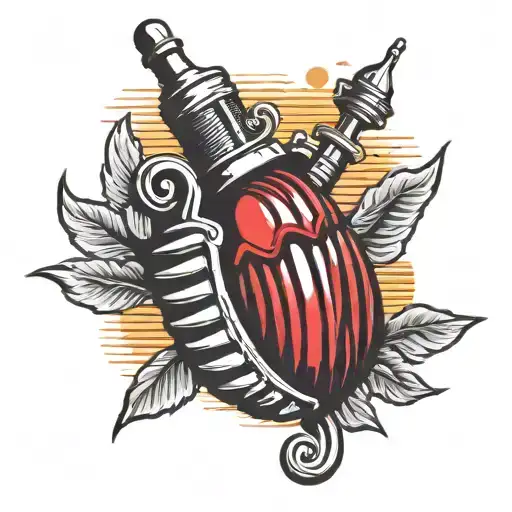 an organ and black grenade with a red x with a sunset background  tattoo design idea