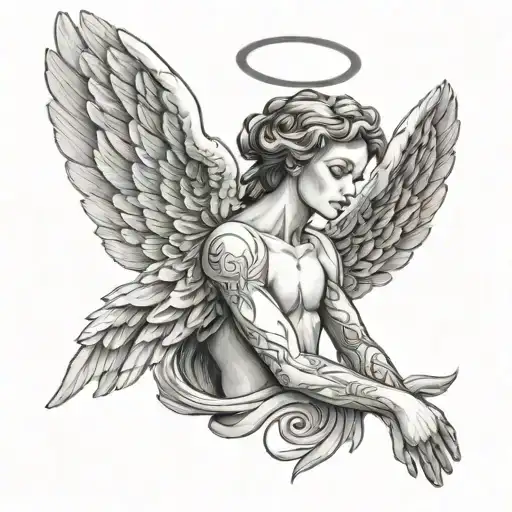 blank face Angel with wings spread tattoo design idea