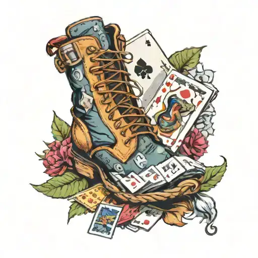 A deck of playing cards with hiking boots and a backpack as the card backs tattoo design idea