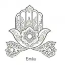 Hamsa hand and name Emilia  tattoo design idea