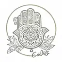 Hamsa hand and name Emilia  tattoo design idea