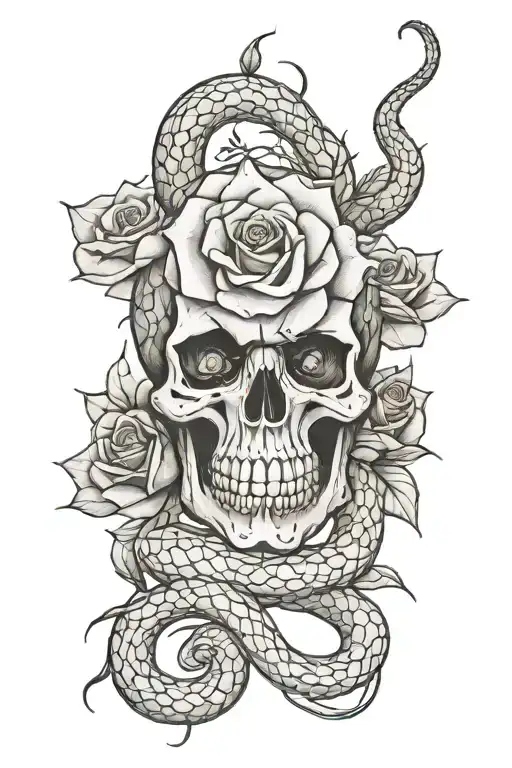 snake rose skull tattoo design idea
