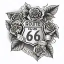 sleve with small Route 66 sign, 4 roses, a dog paw print tattoo design idea