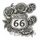 sleve with small Route 66 sign, 4 roses, a dog paw print tattoo design idea