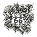 sleve with small Route 66 sign, 4 roses, a dog paw print tattoo design idea