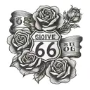 sleve with small Route 66 sign, 4 roses, a dog paw print tattoo design idea