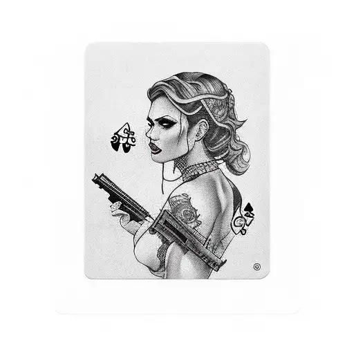 gangster women gun playing cards tattoo design idea