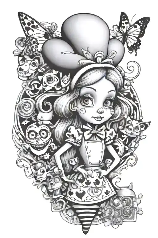 disney alice in wonderland, power puff girls, spongebob sleeve tattoo design idea