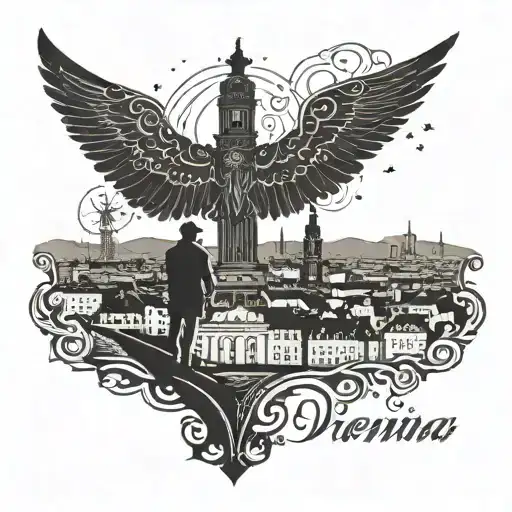 A silhouette of the Vienna skyline at night, with a small figure of a person standing alone in the foreground tattoo design idea