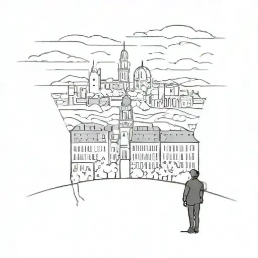 A silhouette of the Vienna skyline at night, with a small figure of a person standing alone in the foreground tattoo design idea