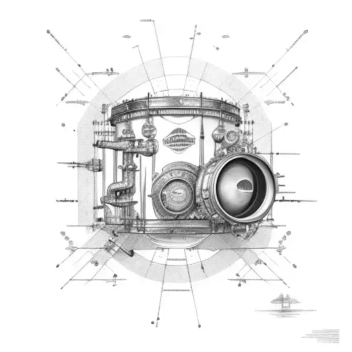 An engineer's blueprint with a snare drum tattoo design idea