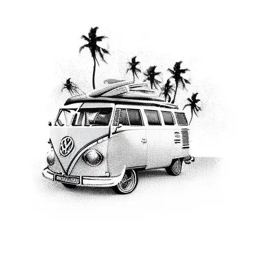 vw van t2 next to palm trees and surf board tattoo design idea