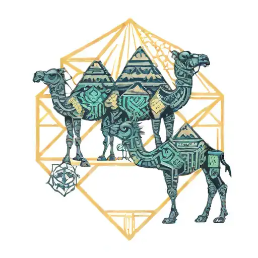 camels walking besides the pyramids tattoo design idea