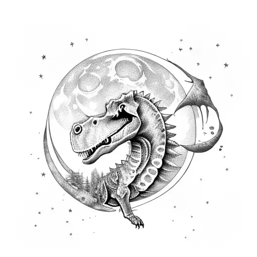 A music note made of dinosaur bones, with a dog howling at the moon in the background tattoo design idea