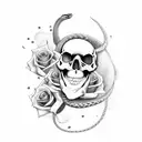make a pattern with a skull, snake, rose and a memento mori inscription tattoo design idea