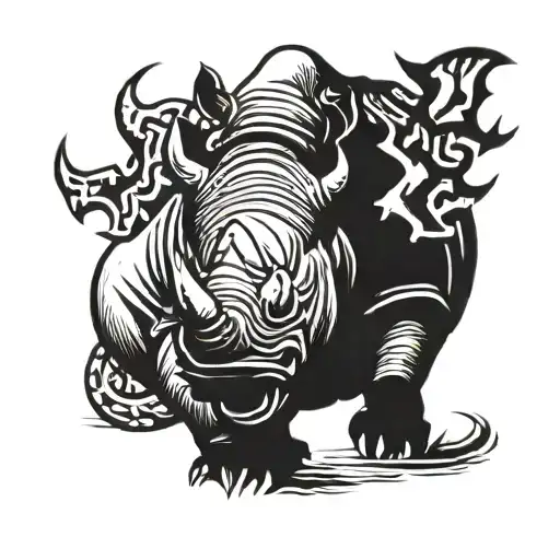 rhino with ginger hair and a afl football in mouth charging with 2 crabs hanging onto it tattoo design idea
