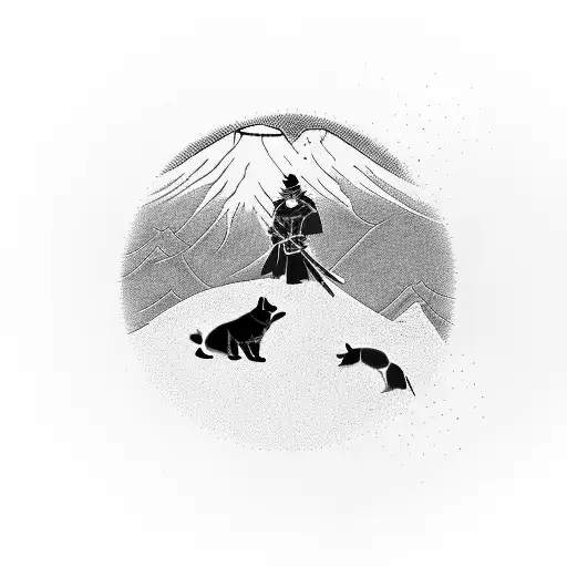 A fierce samurai warrior with a flowing Akita dog by their side, framed by the iconic silhouette of Mount Fuji in the background. tattoo design idea