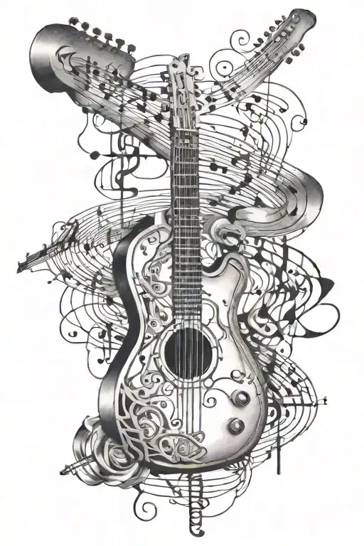 cross, guitar, dna double helix intertwined with music notes tattoo design idea