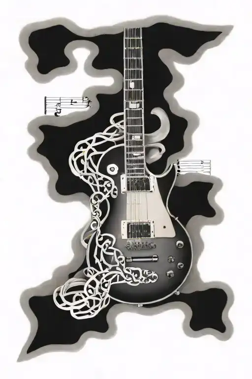cross, Gibson Les Paul guitar, dna double helix intertwined with music notes tattoo design idea
