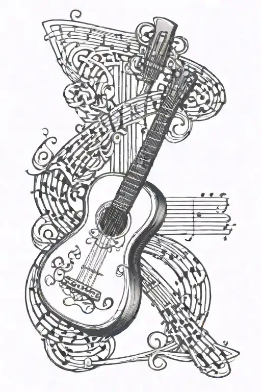 cross, guitar, dna double helix intertwined with music notes tattoo design idea
