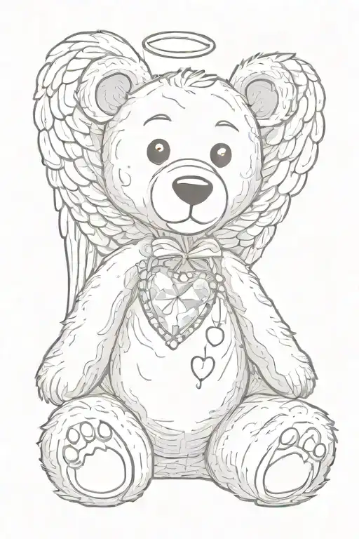 simple design of a teddy bear with angel wings and a heart shaped gem  tattoo design idea
