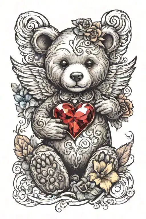 create a colourful tattoo design of a Teddy Bear with angel wings and a heart gem tattoo design idea