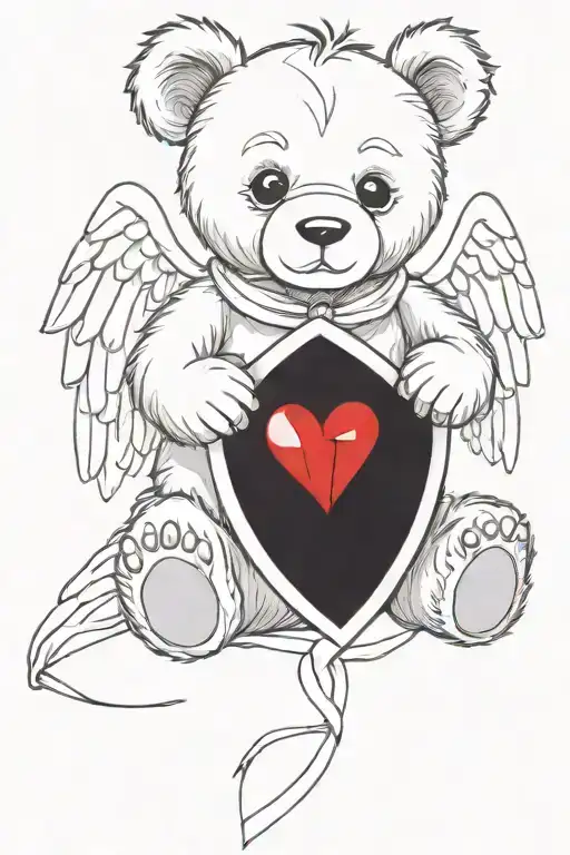 simple design of a teddy bear with angel wings and a heart shaped gem  tattoo design idea